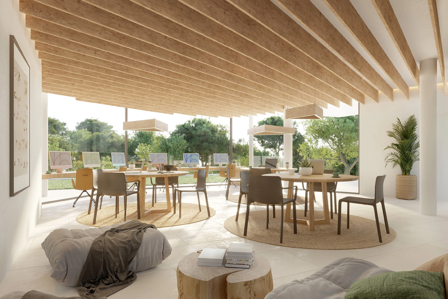 Et dedikert kontorfellesskap tilbyr et rolig og inspirerende miljø for beboere til å jobbe eller møtes.