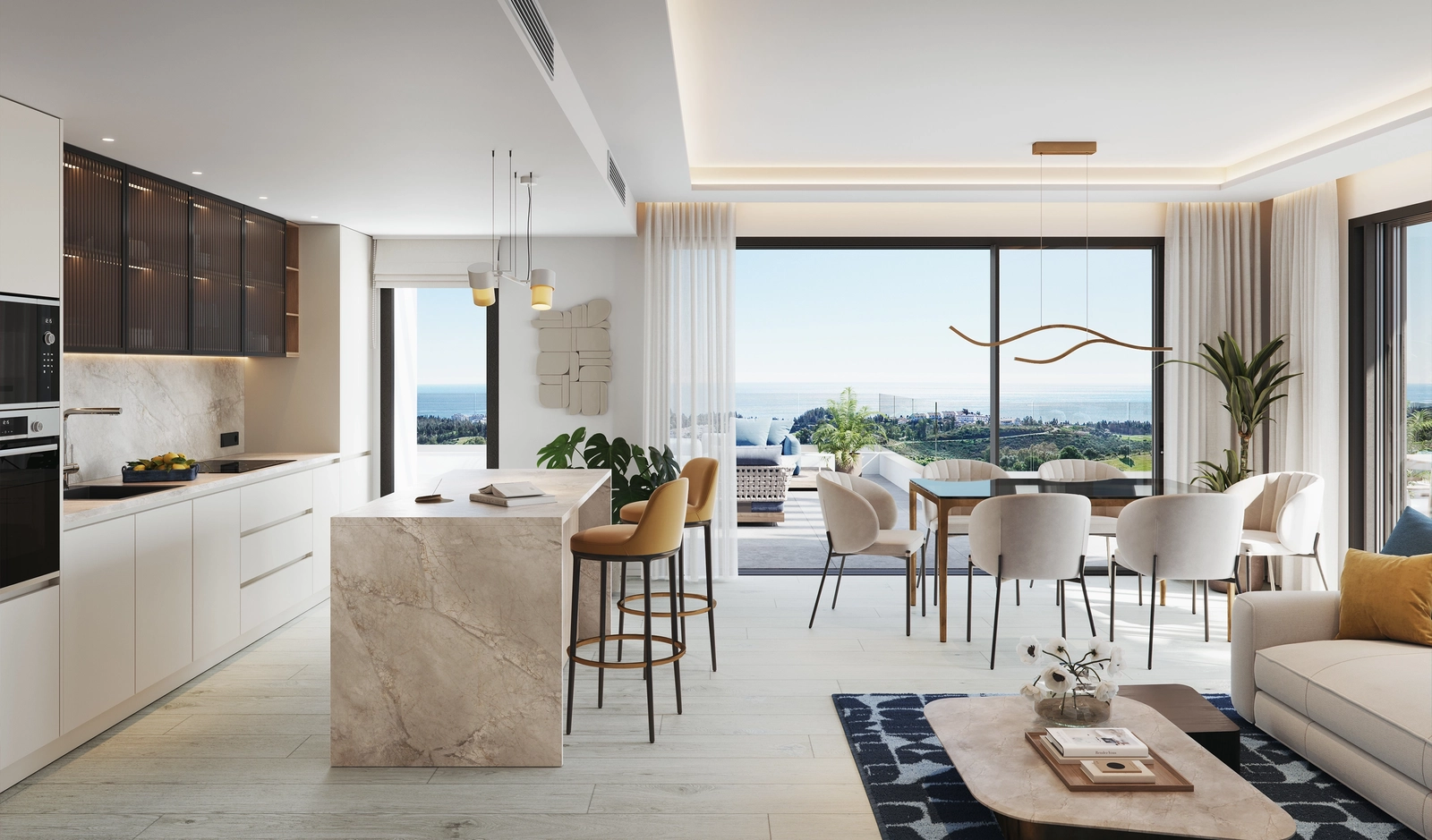 Et åpent stueområde fylt med naturlig lys og panoramisk hav- og golfutsikt, som skaper en atmosfære av romslig eleganse.