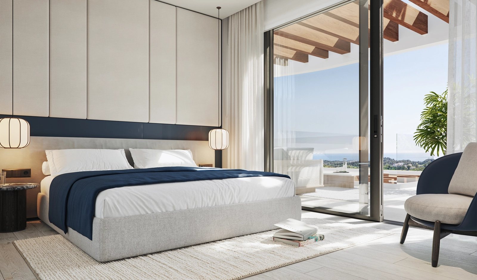 Fredfull hovedsuite med mykt lys, åpen havutsikt og total komfort.