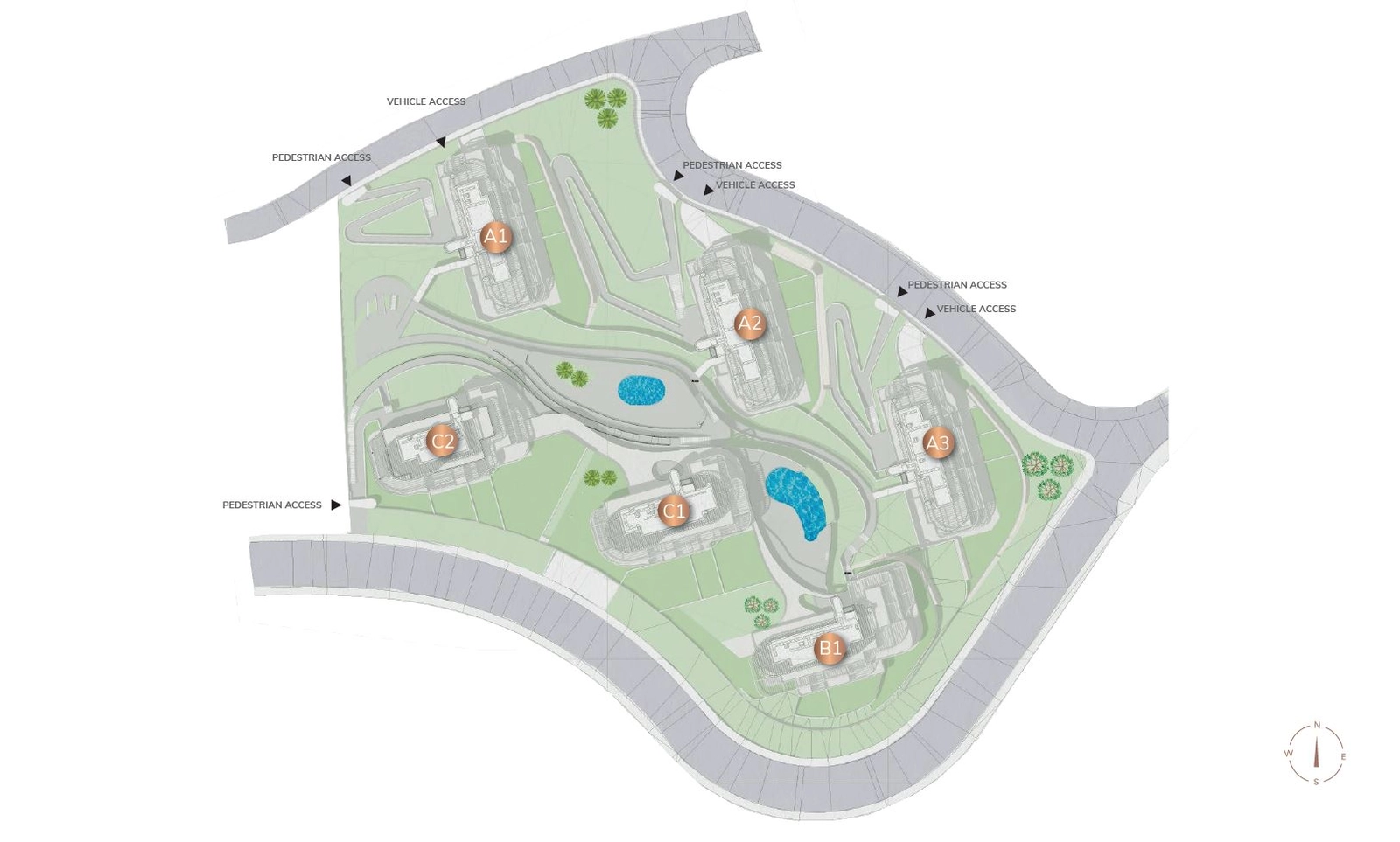 Oppdag den mesterlige situasjonsplanen, som viser den harmoniske integrasjonen av seks eksklusive bygninger innenfor anlagte hager, bassenger og rekreasjonsområder.