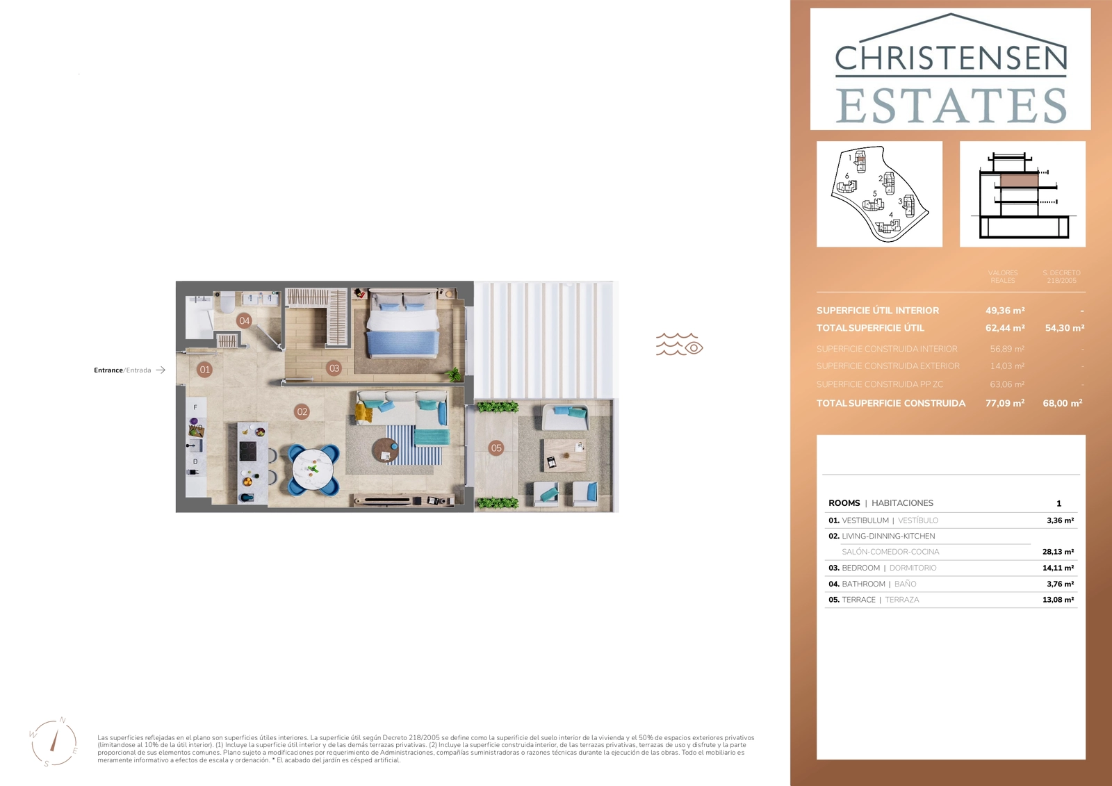En intelligent utformet planløsning med ett soverom som tilbyr et flytende, åpent boareal som maksimerer komfort og lys.
