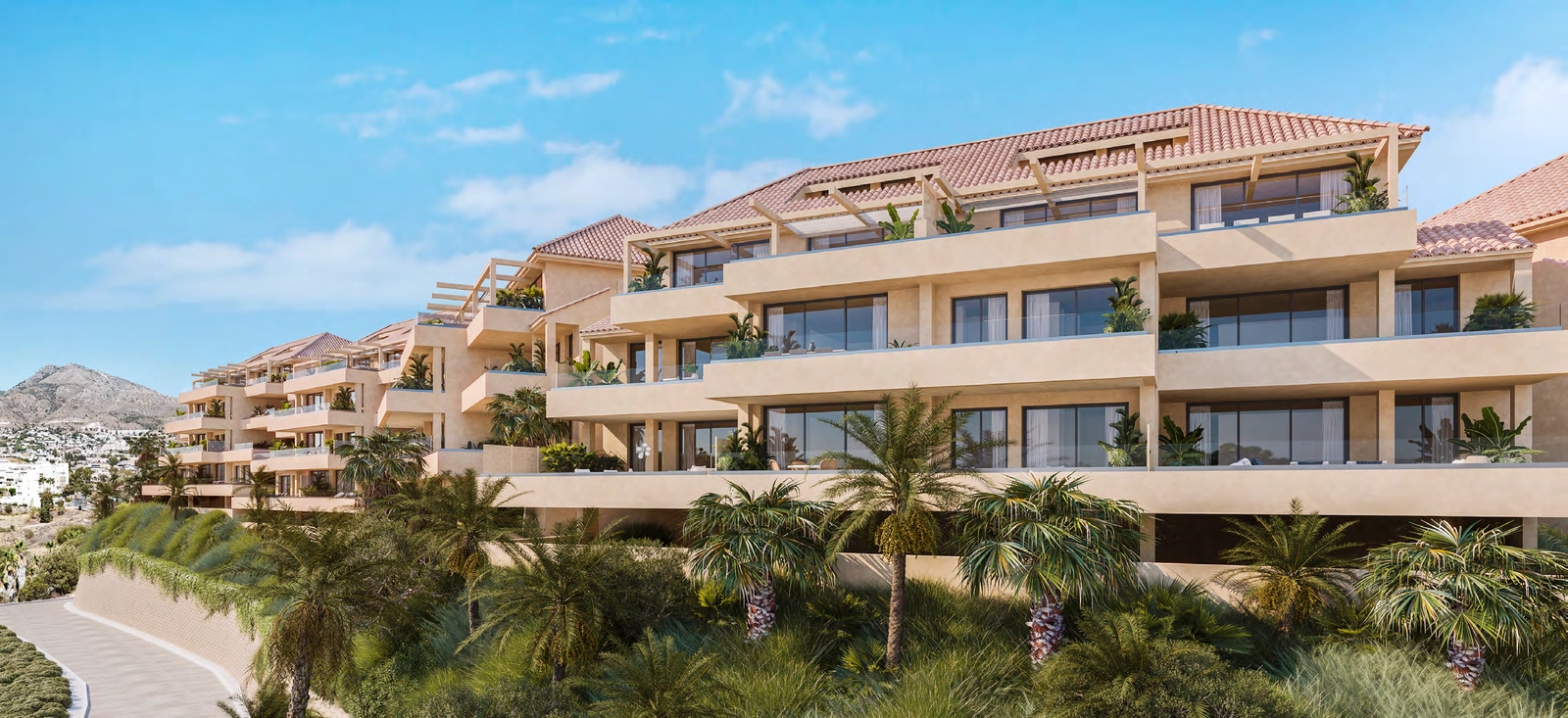 Utviklingens elegante arkitektur, omtenksomt integrert i det naturlige åslandskapet.