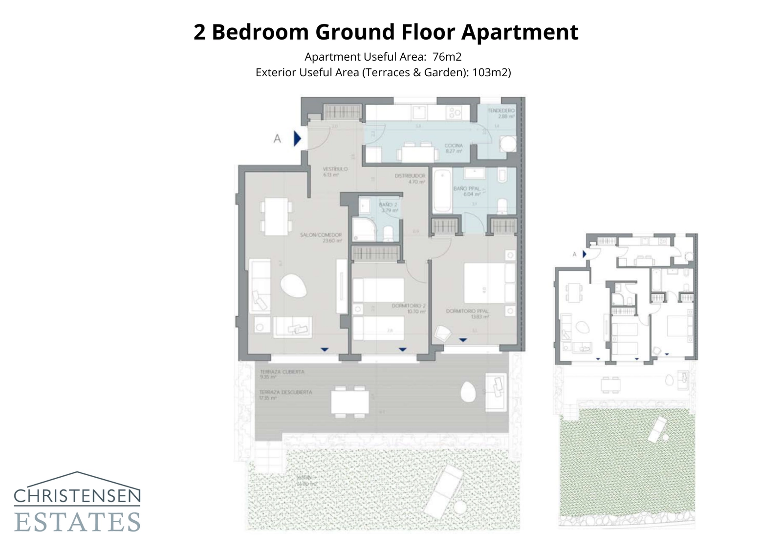 Plantegningen for denne to-roms leiligheten i første etasje har en sjenerøs hage og terrasse, som utvider boarealet utendørs.