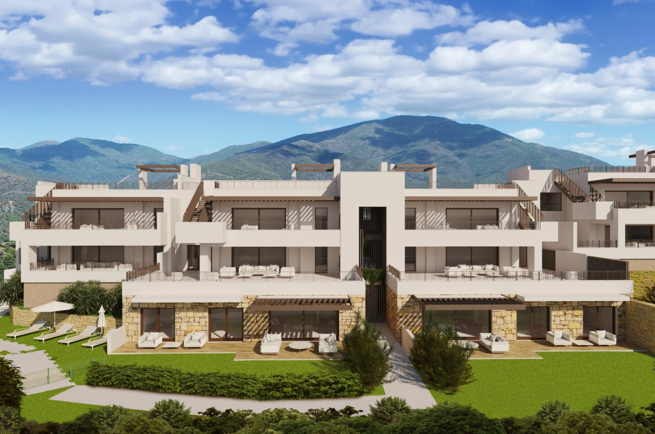 Bygningens rene linjer, supplert med frodige, anlagte hageområder for beboerne.