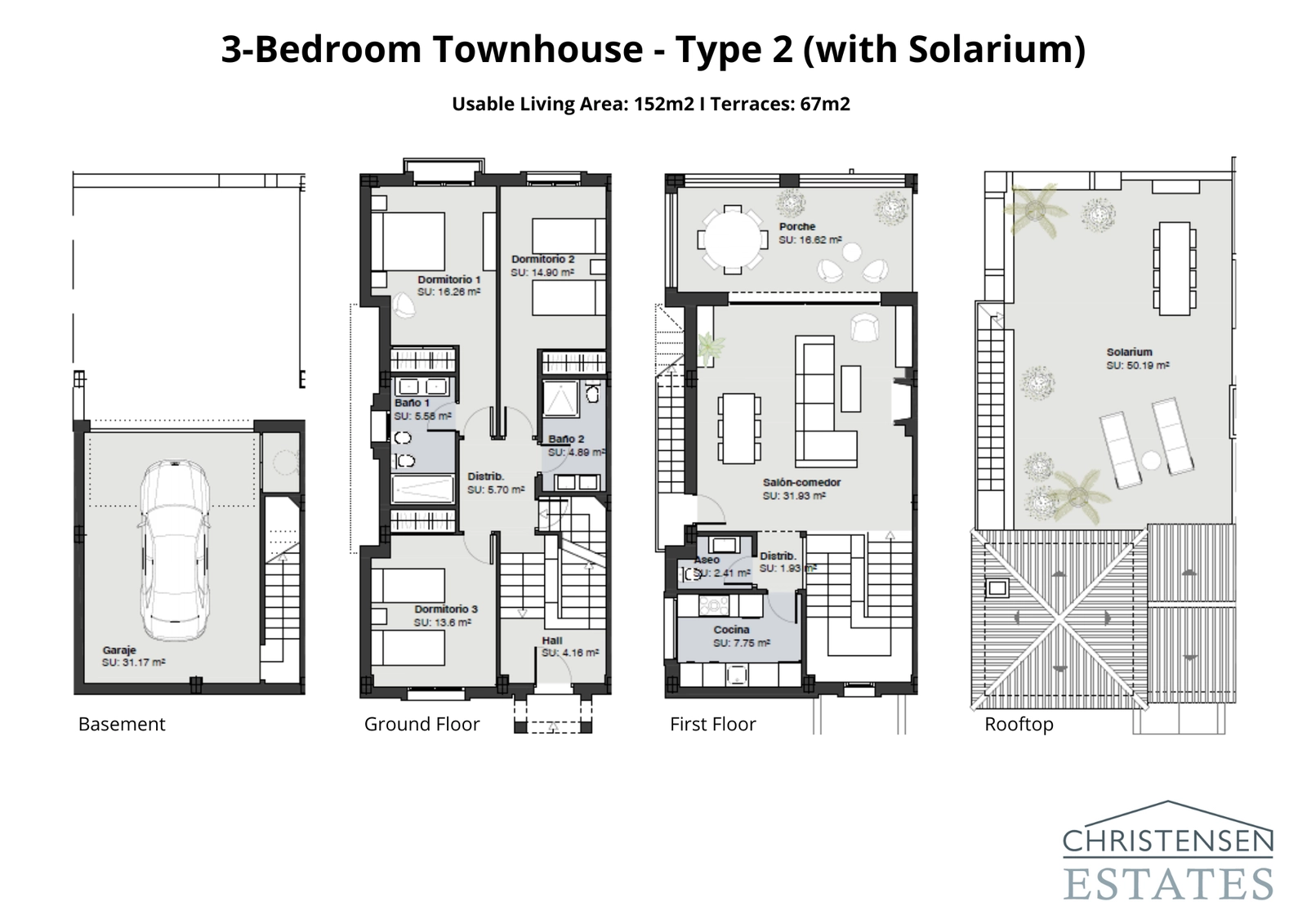 En utmerket boligplanløsning over fire nivåer, inkludert en garasje i kjelleren, tre soverom, et åpent stueområde og et stort taksolarium, perfekt for å nyte solen og utsikten.