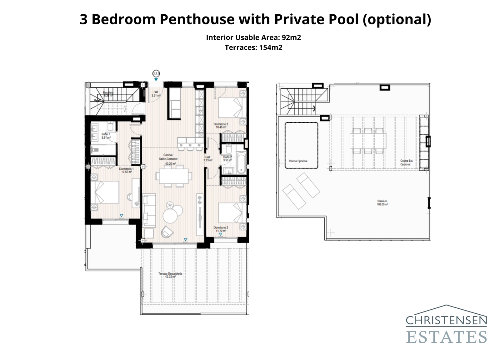 Takterrasseleiligheten med tre soverom tilbyr eksepsjonell livsstil, med et stort solarium på taket og et valgfritt privat basseng for den ultimate luksuriøse livsstilen.