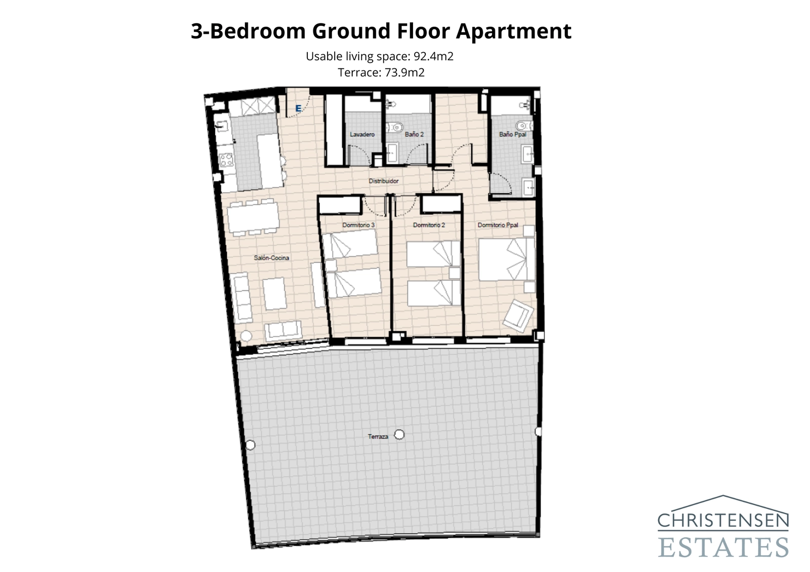 En romslig tre-roms leilighet i første etasje med en eksepsjonelt stor terrasse, perfekt for en innendørs-utendørs livsstil.