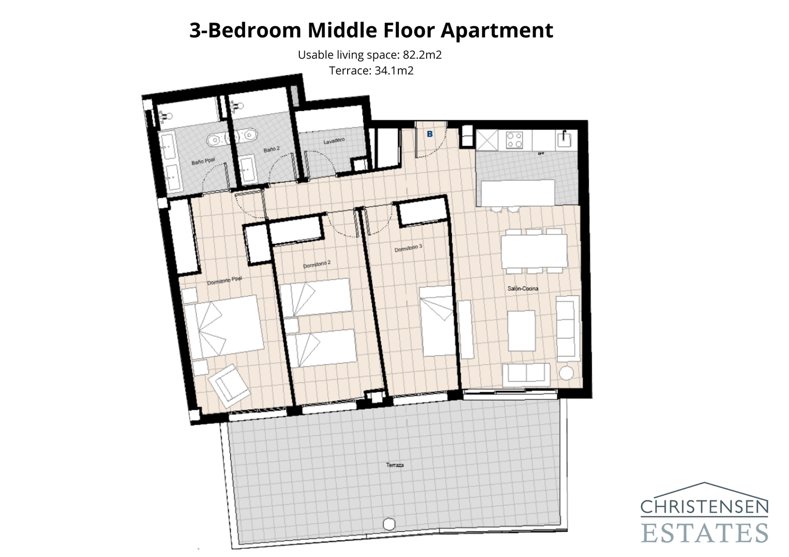 Denne tre-roms leiligheten i mellomste etasje gir en romslig og praktisk planløsning med en sjenerøs terrasse for å nyte klimaet.