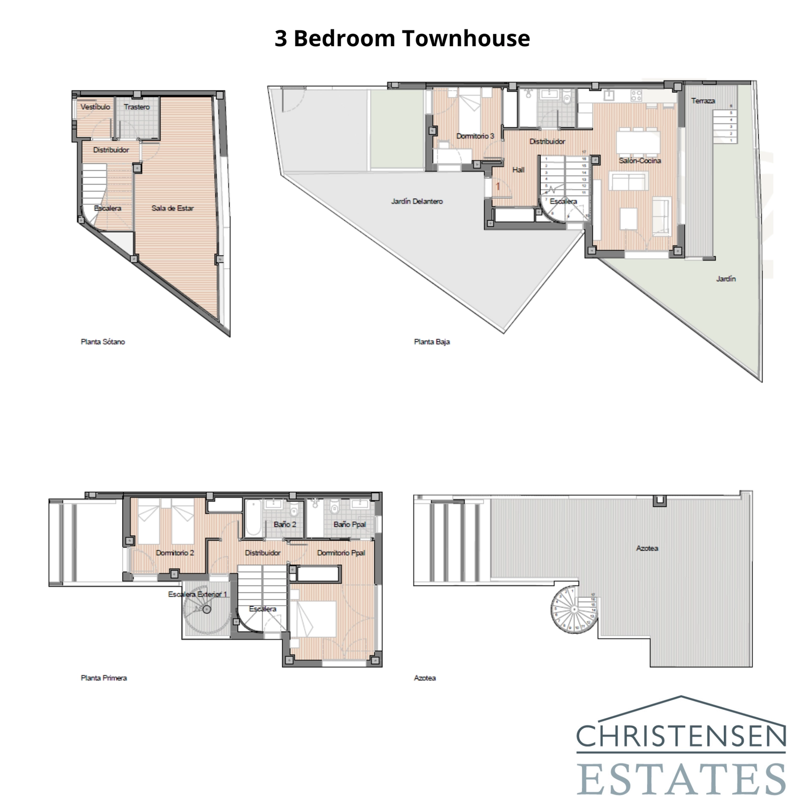 Denne planen viser utformingen for et romslig rekkehus med 3 soverom, med detaljert romfordeling over kjeller, første etasje, andre etasje og takterrasse/solarium.