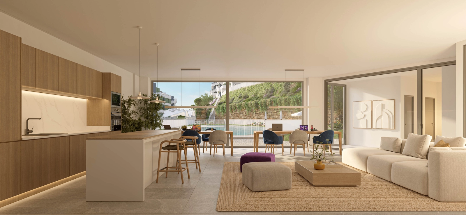 Co-working-loungen hvor beboere kan arbeide, møtes eller slappe av i komfort.