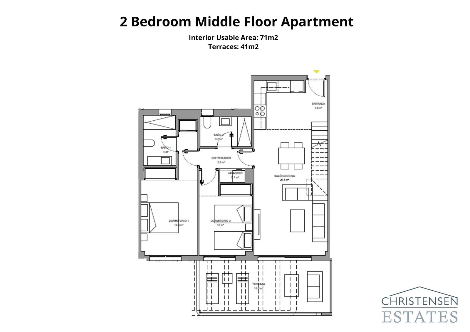 Plantegning for toroms leilighet, designet for komfort med en sjenerøs terrasse for å nyte klimaet på Costa del Sol.