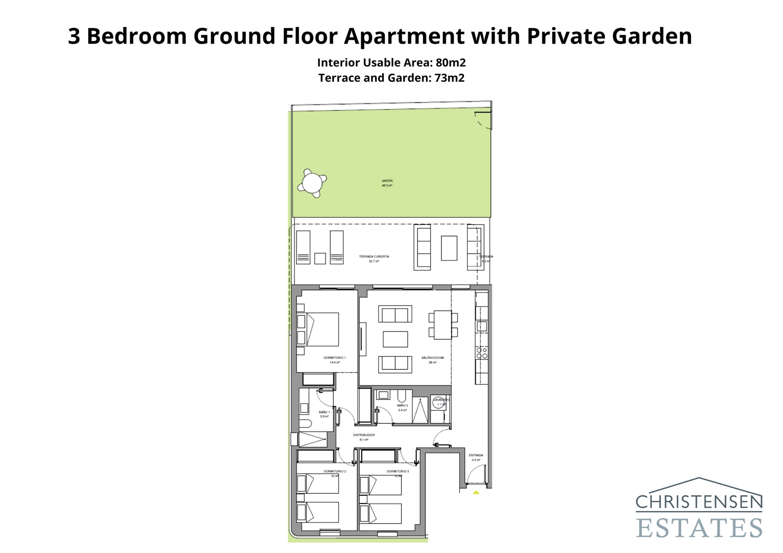 Treroms bolig i første etasje med romslig interiør koblet til en sjenerøs terrasse og privat hage, perfekt for utendørsliv.