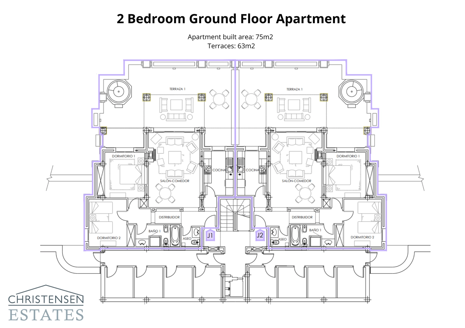 Plantegning for en to-roms leilighet i første etasje, som fremhever den romslige terrassen som utvider stueområdet utendørs.