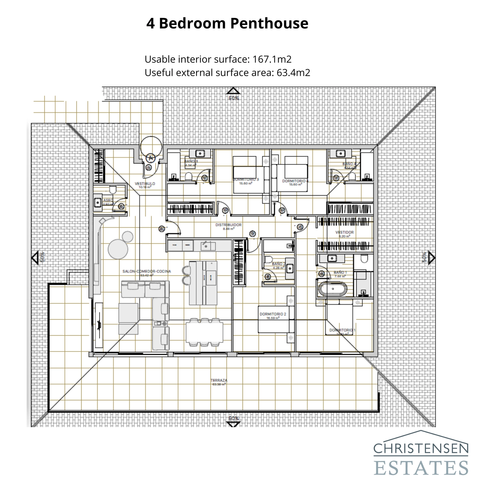 Den eksklusive fire-roms toppleiligheten tilbyr romslig interiør og en stor terrasse for den ultimate luksuriøse livsstilen.