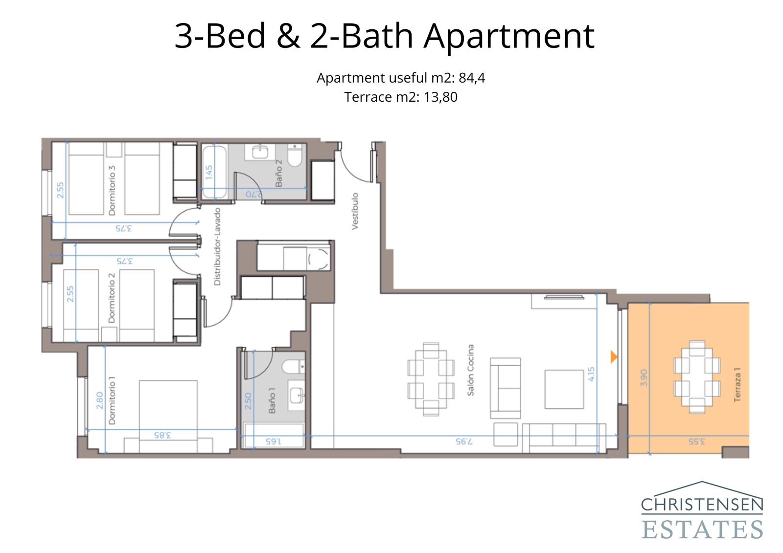 Romslig tre-roms leilighetsløsning, designet for komfort og funksjonalitet med direkte tilgang til uteplass.