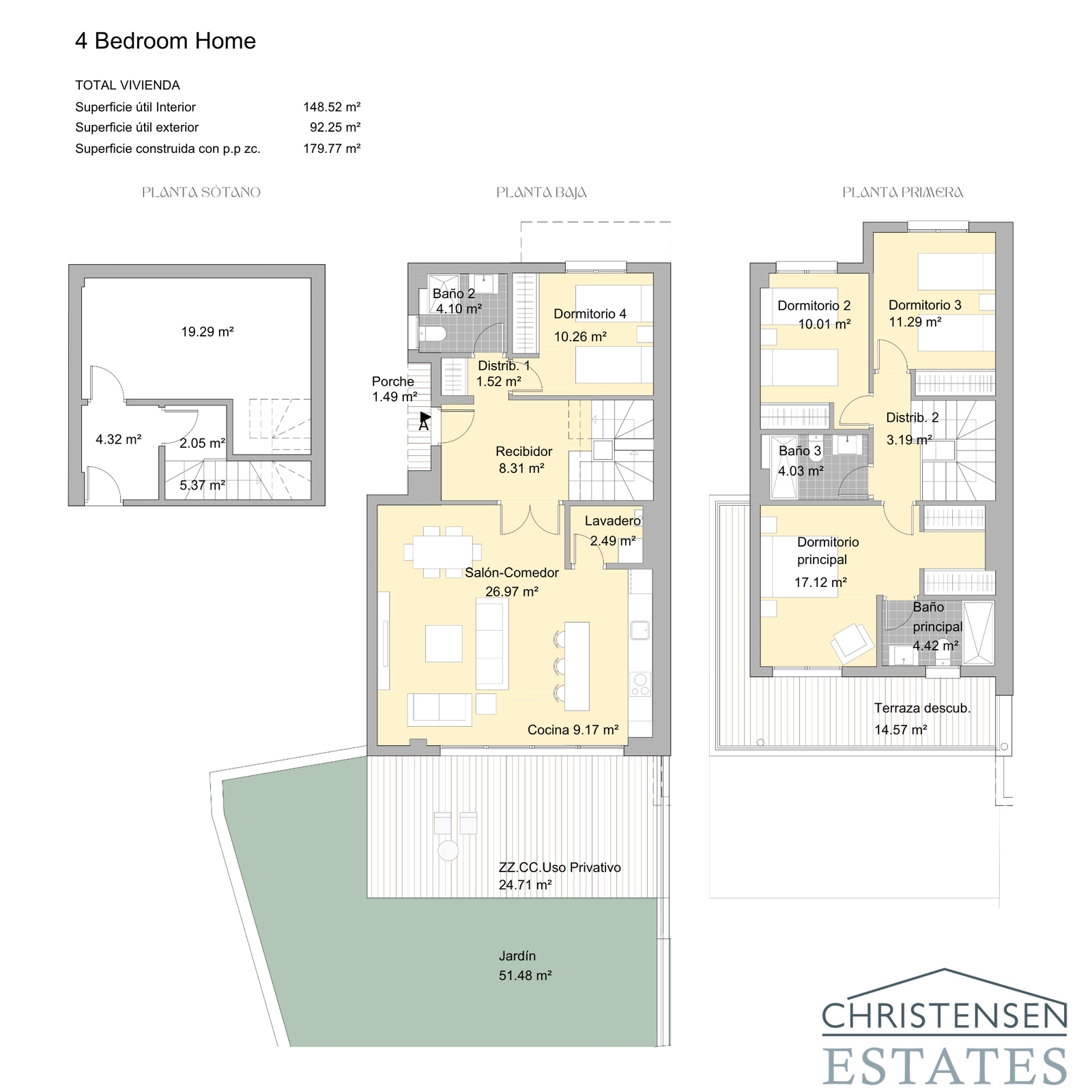 Fire-romsboligen gir maksimal komfort og plass, fordelt over to etasjer med flere terrasser og en privat hage.