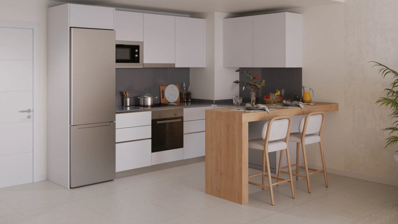 Moderne kjøkken er fullt utstyrt med hvitevarer av høy kvalitet og stilige overflater.