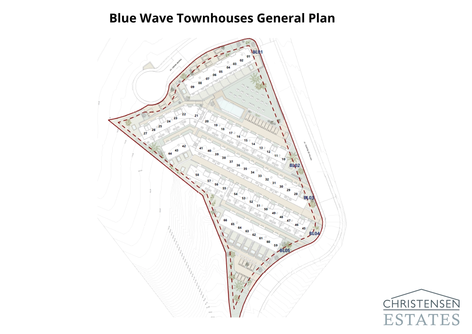Fellesplanen illustrerer den gjennomtenkte plasseringen av rekkehusene for å sikre privatliv og optimalisere den vakre sjøutsikten for beboerne.