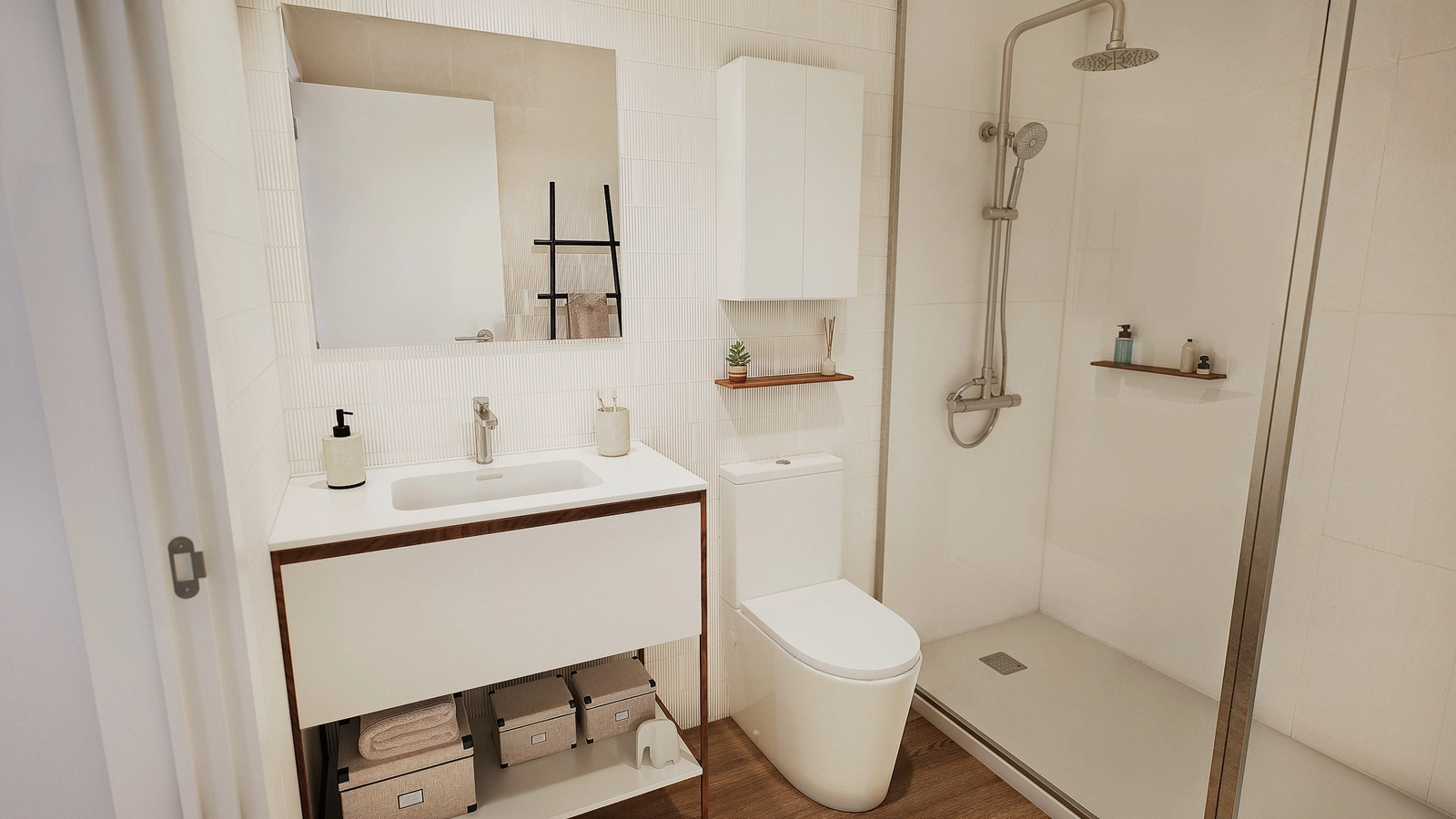 Et stilrent og funksjonelt bad med materialer av høy kvalitet og moderne design.