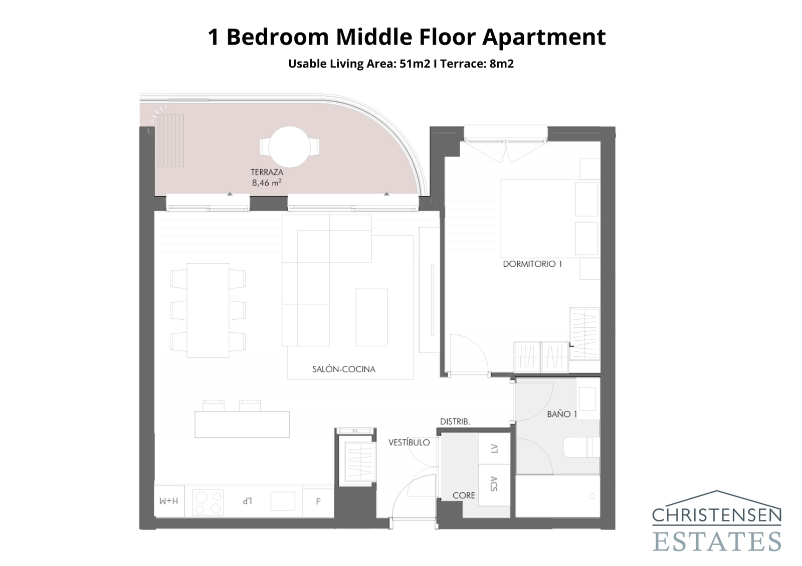 Plantegning for leilighet med ett soverom, designet for moderne livsstil med effektiv plassutnyttelse og en komfortabel privat terrasse.