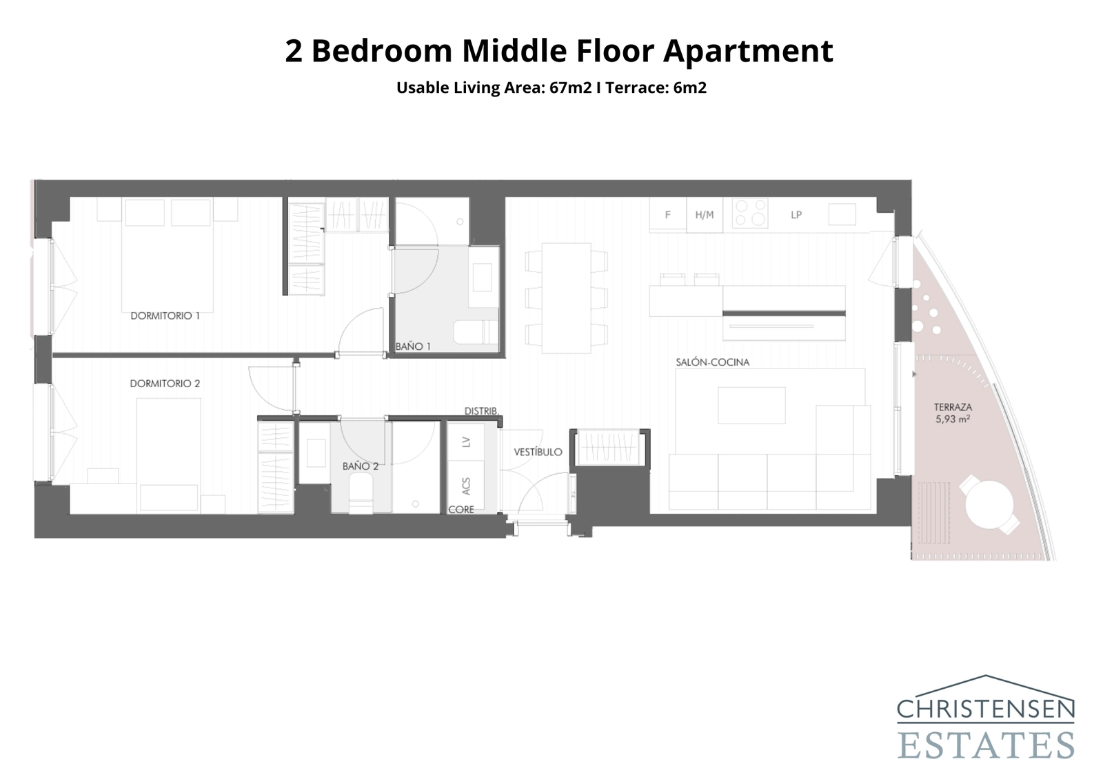 Plantegning for leilighet med to soverom, som tilbyr en smart layout som skiller soveområder fra det åpne oppholdsrommet for økt komfort.
