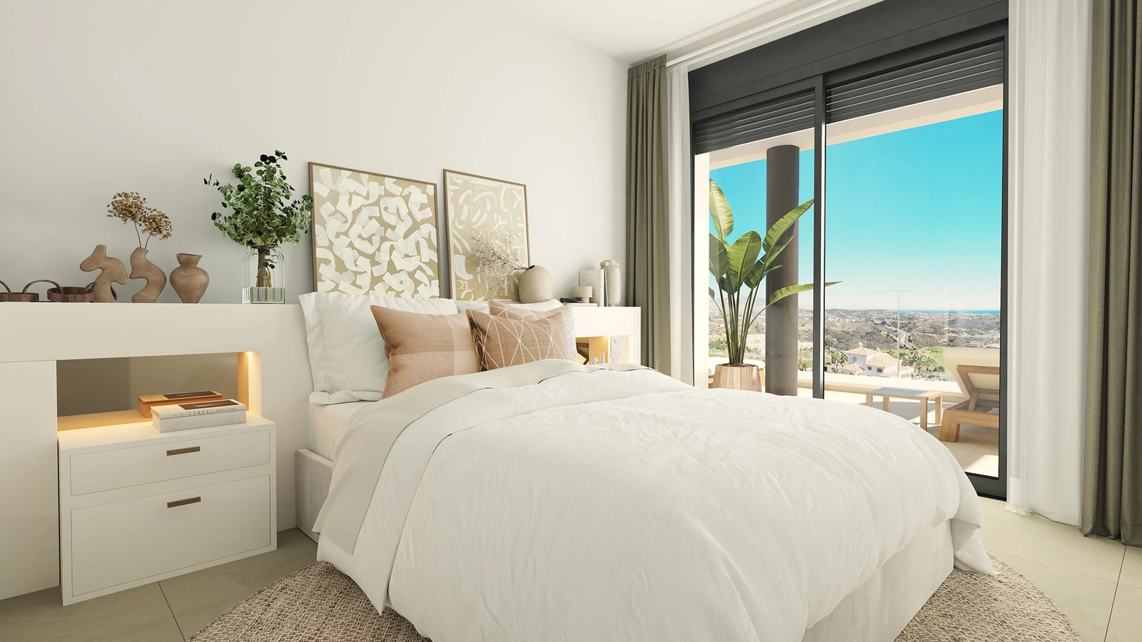 Gjestesoverommene er lyse og innbydende, med direkte tilgang til uteområdene.