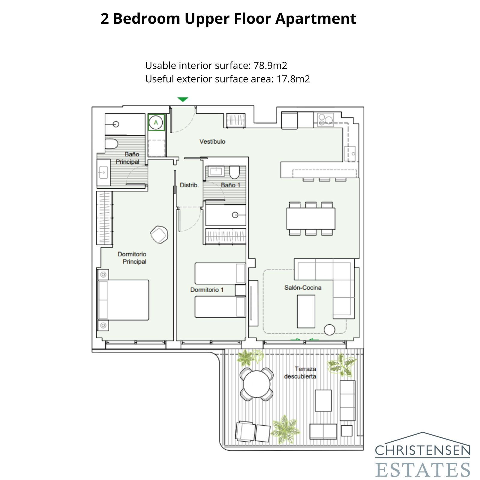 En elegant to-roms leilighetsplan, designet for å maksimere lys og utsikt fra terrassen.