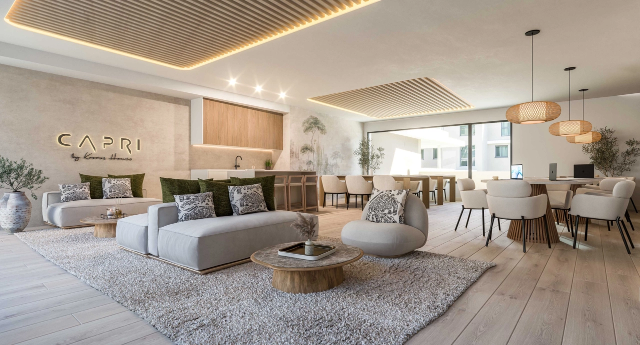 Et komfortabelt og stilfullt felles arbeidsområde for beboere å jobbe eller slappe av.