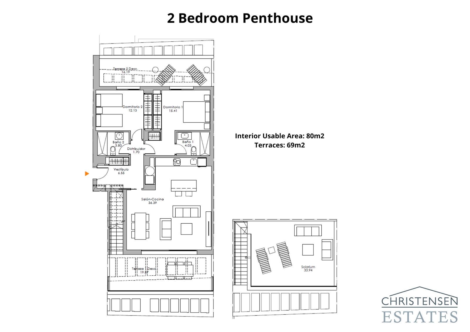 To-roms toppleilighet – Det ultimate innen luksusliv, denne planløsningen inkluderer et spektakulært solarium på taket for privat soling og underholdning.