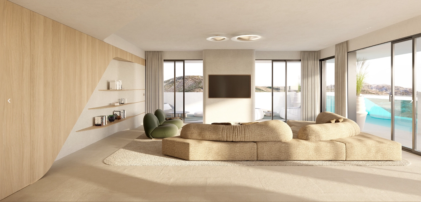 Interiøret har naturlige toner og teksturer, noe som skaper en varm og elegant atmosfære for avslapning eller underholdning.