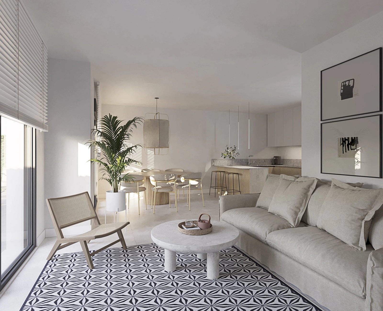 Den åpne stue- og spisestuedelen flyter sømløst sammen, og skaper en perfekt plass for underholdning.