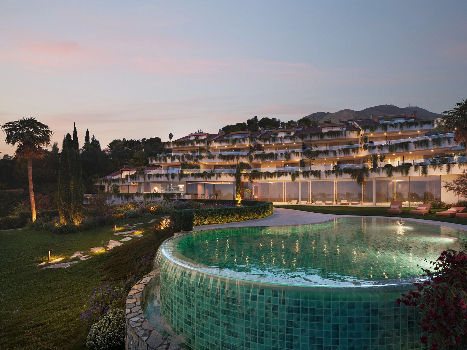 Når kvelden faller på, lyses boligene vakkert opp, og skaper en varm og eksklusiv atmosfære.