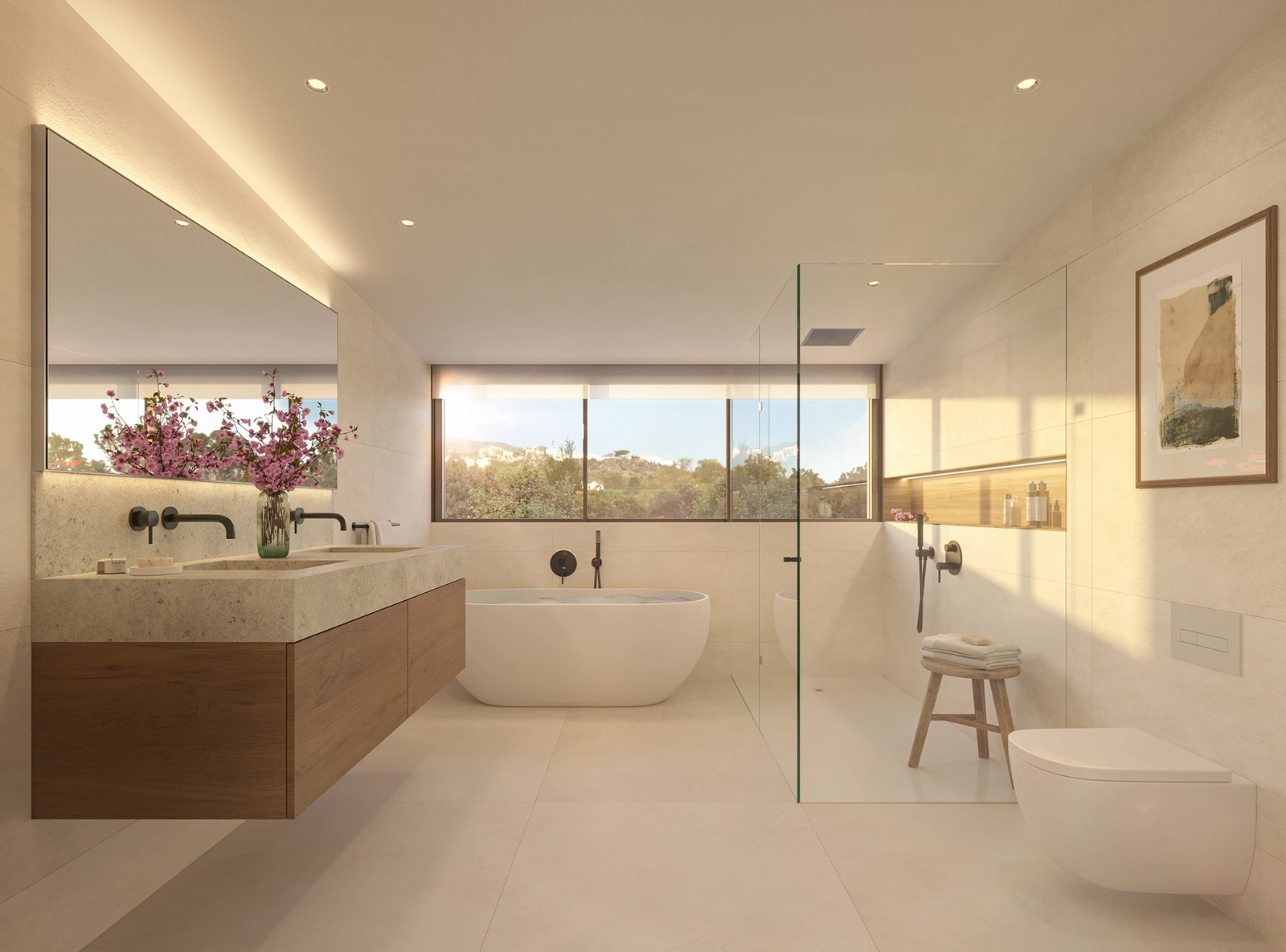 Et sofistikert bad med materialer av høy kvalitet og en rolig, spa-lignende atmosfære.