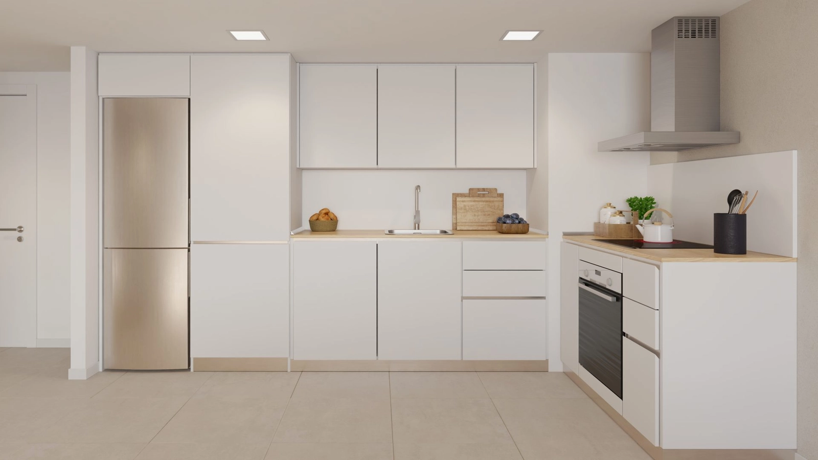 Moderne, fullt utstyrt kjøkken med hvitevarer av høy kvalitet og rene, moderne linjer.