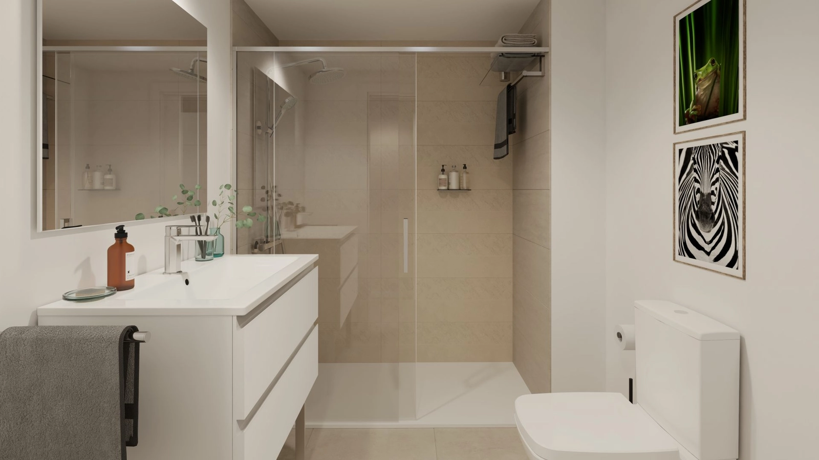 Et stilfullt hovedbad med walk-in dusj og førsteklasses utførelse.