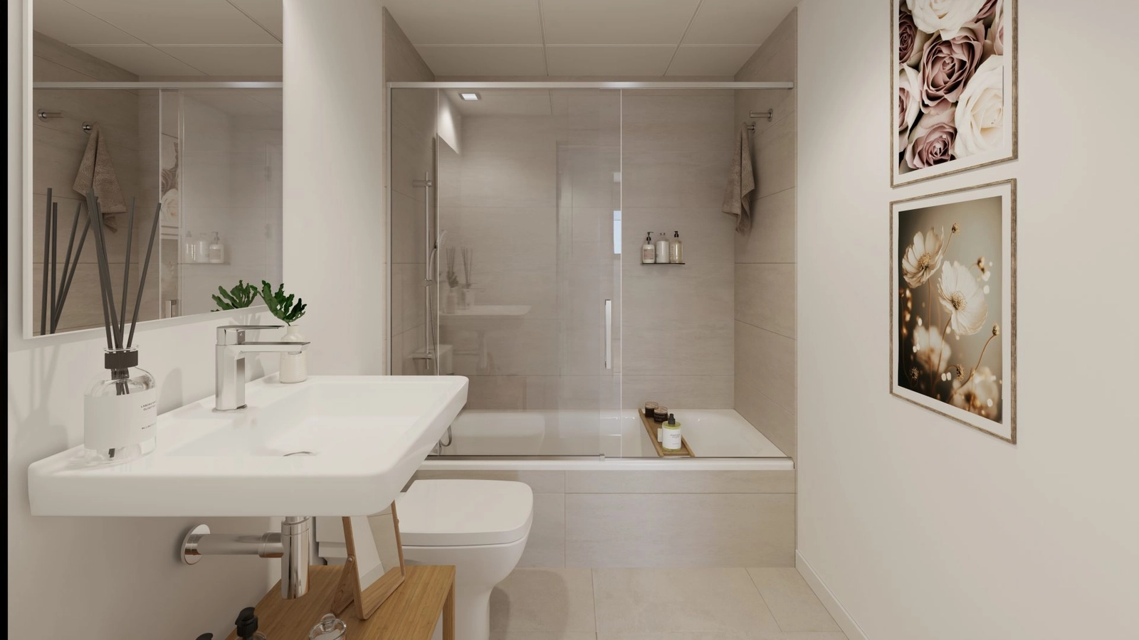 Det velutstyrte andre badet, som kombinerer funksjonalitet med en moderne estetikk.