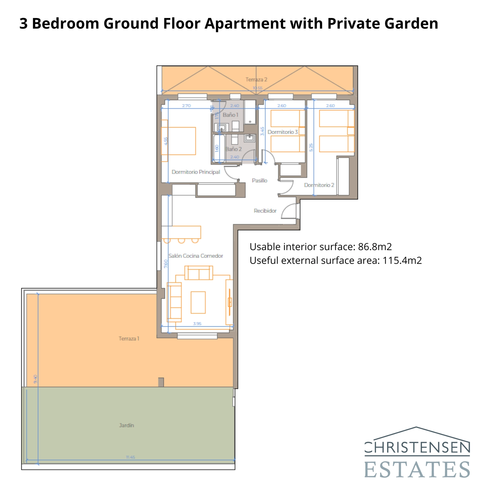 Denne tre-roms planløsningen i første etasje viser generøse oppholdsrom som flyter ut på en stor terrasse og hage.