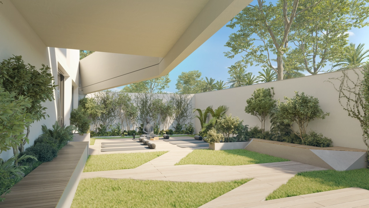 Finn balanse og ro i den dedikerte utendørs mindfulness- og yogasonen, omgitt av grøntområder.