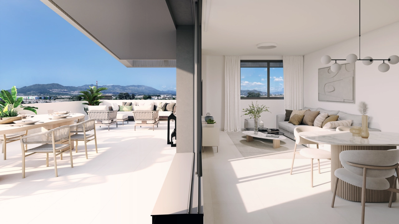 Lyse og romslige oppholdsrom som sømløst knytter seg til utendørsterrassene, og skaper en perfekt innendørs-utendørs flyt.