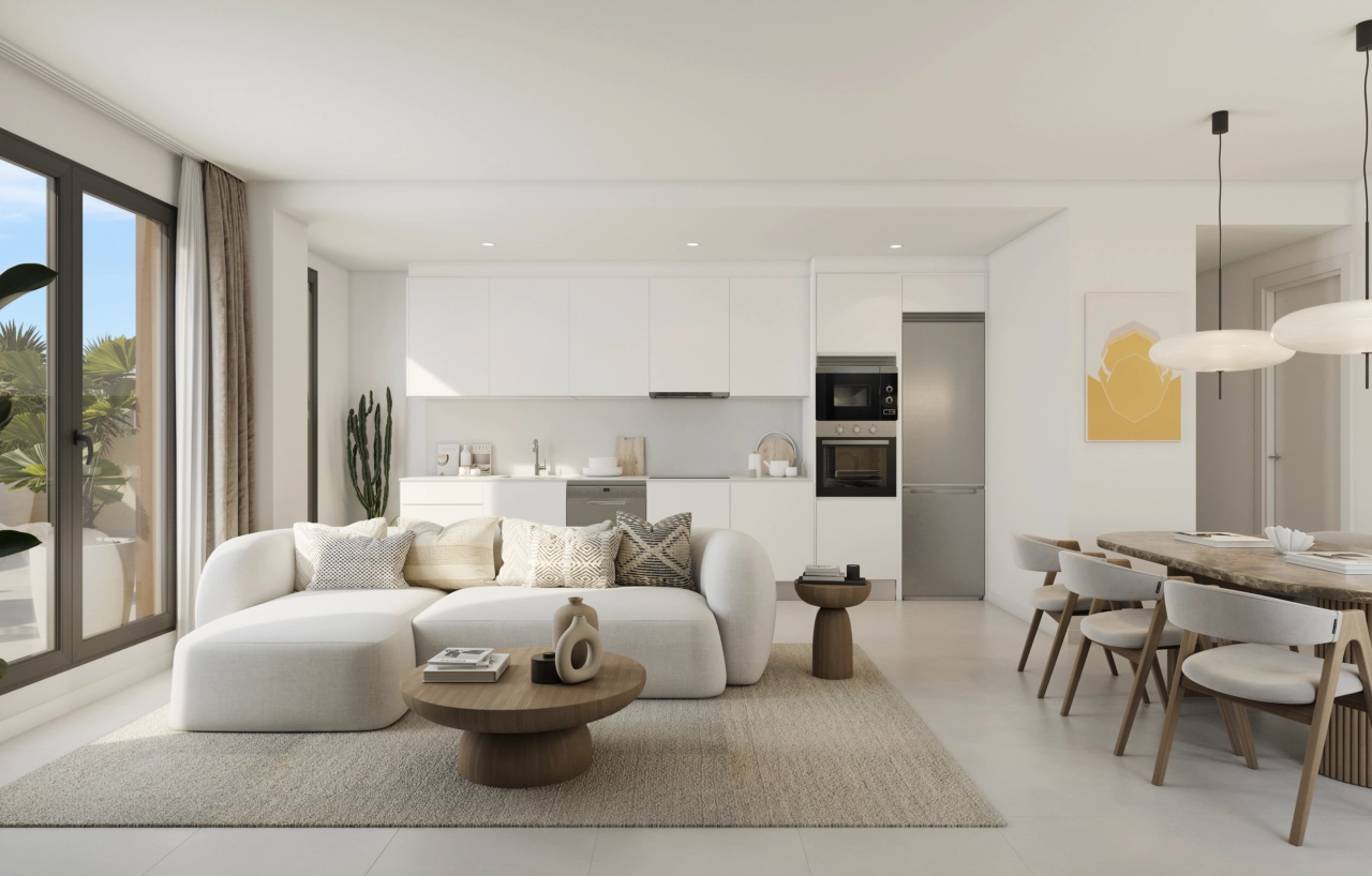 Moderne kjøkken med åpen løsning er fullt utstyrt og designet for å være hjertet i ditt nye hjem i Malaga.