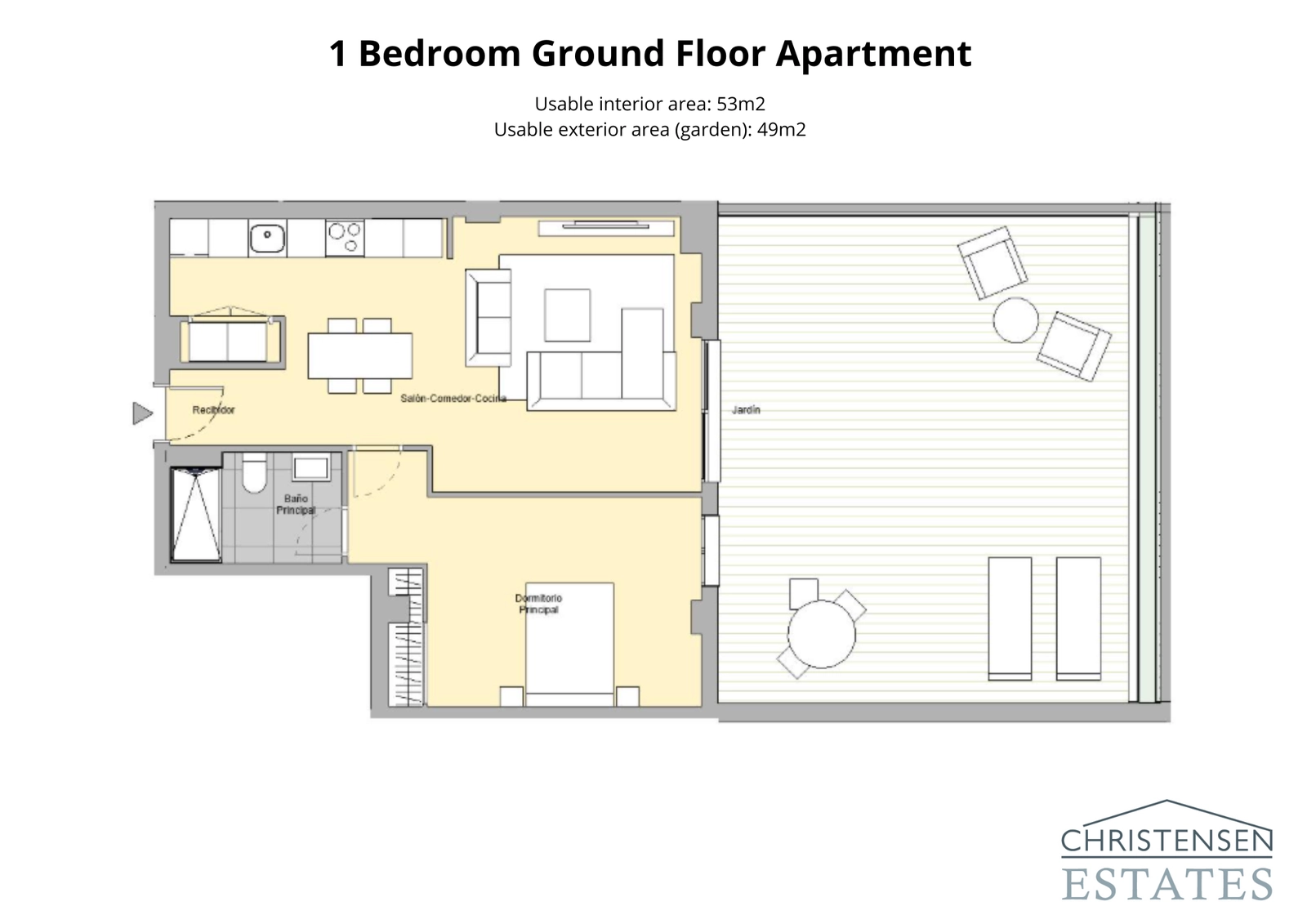 Ett-roms leilighet i første etasje – En veldesignet planløsning med romslige interiører tilknyttet en sjenerøs privat hage.