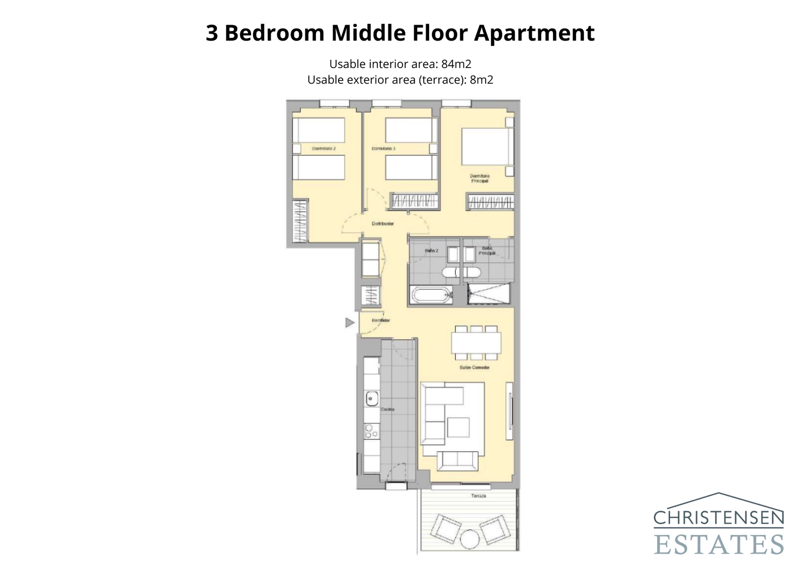 Tre-roms leilighet – Et familievennlig design med et klart skille mellom stue- og soveområder for komfort og privatliv.