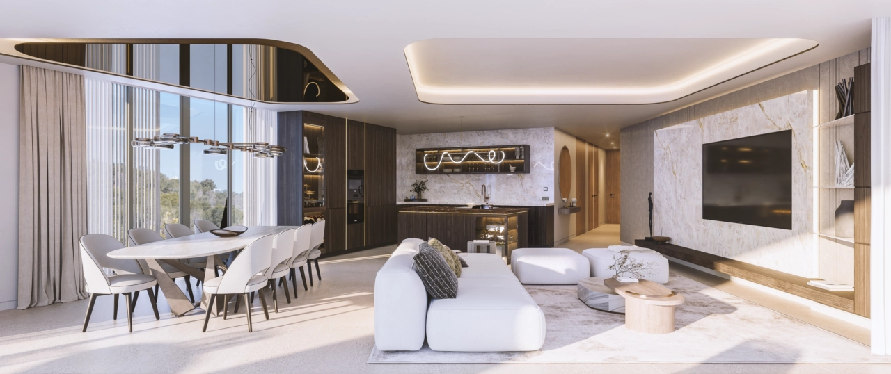 Sollys fyller de elegante spise- og stueområdene, og skaper en lys og innbydende atmosfære for familie og venner.