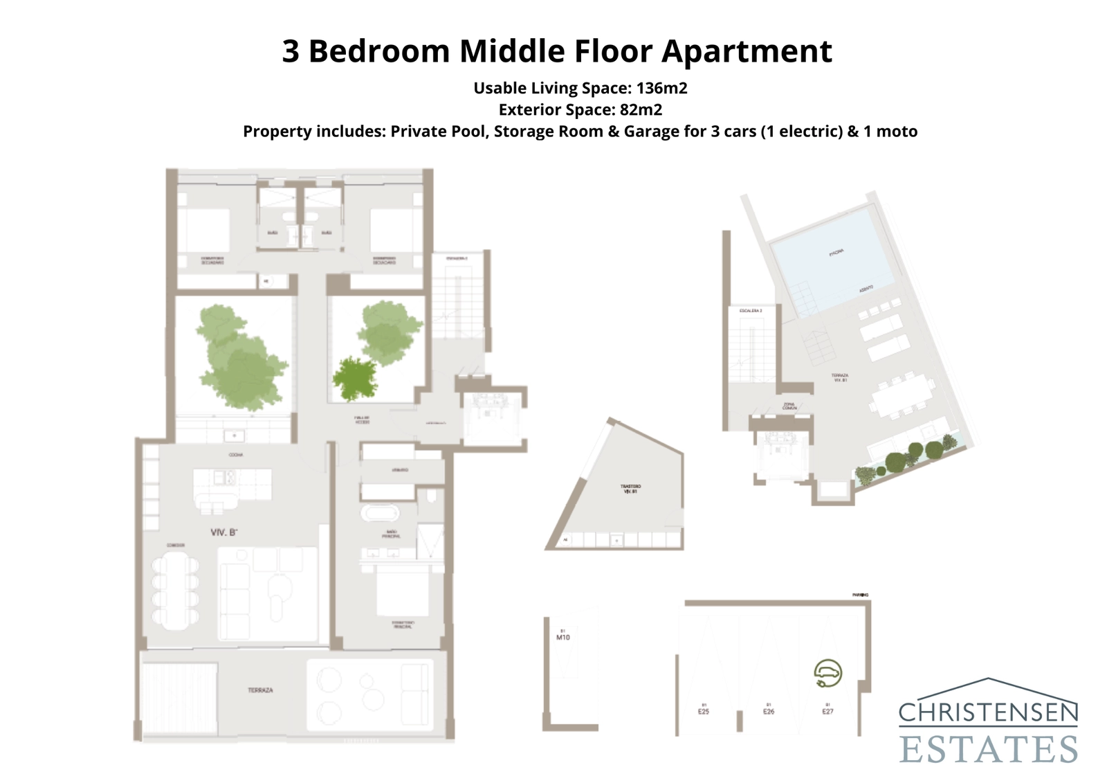 Denne tre-roms planløsningen har 136 m² boareal og en 82 m² stor terrasse. Planløsningen legger vekt på flyt og privatliv, inkludert et privat svømmebasseng og en sikker garasje for tre biler.