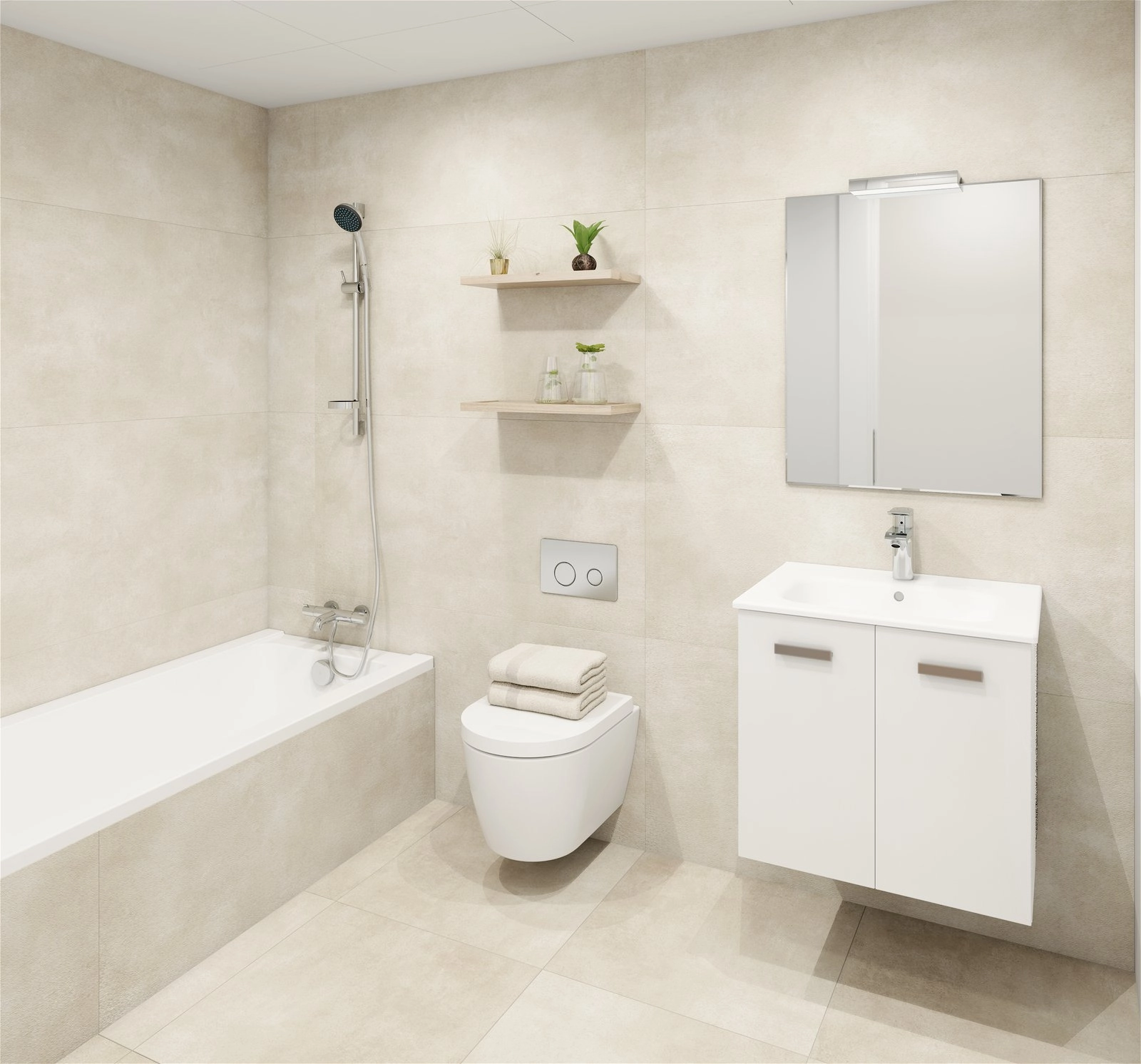 Et velutstyrt andre bad med badekar og moderne armaturer.