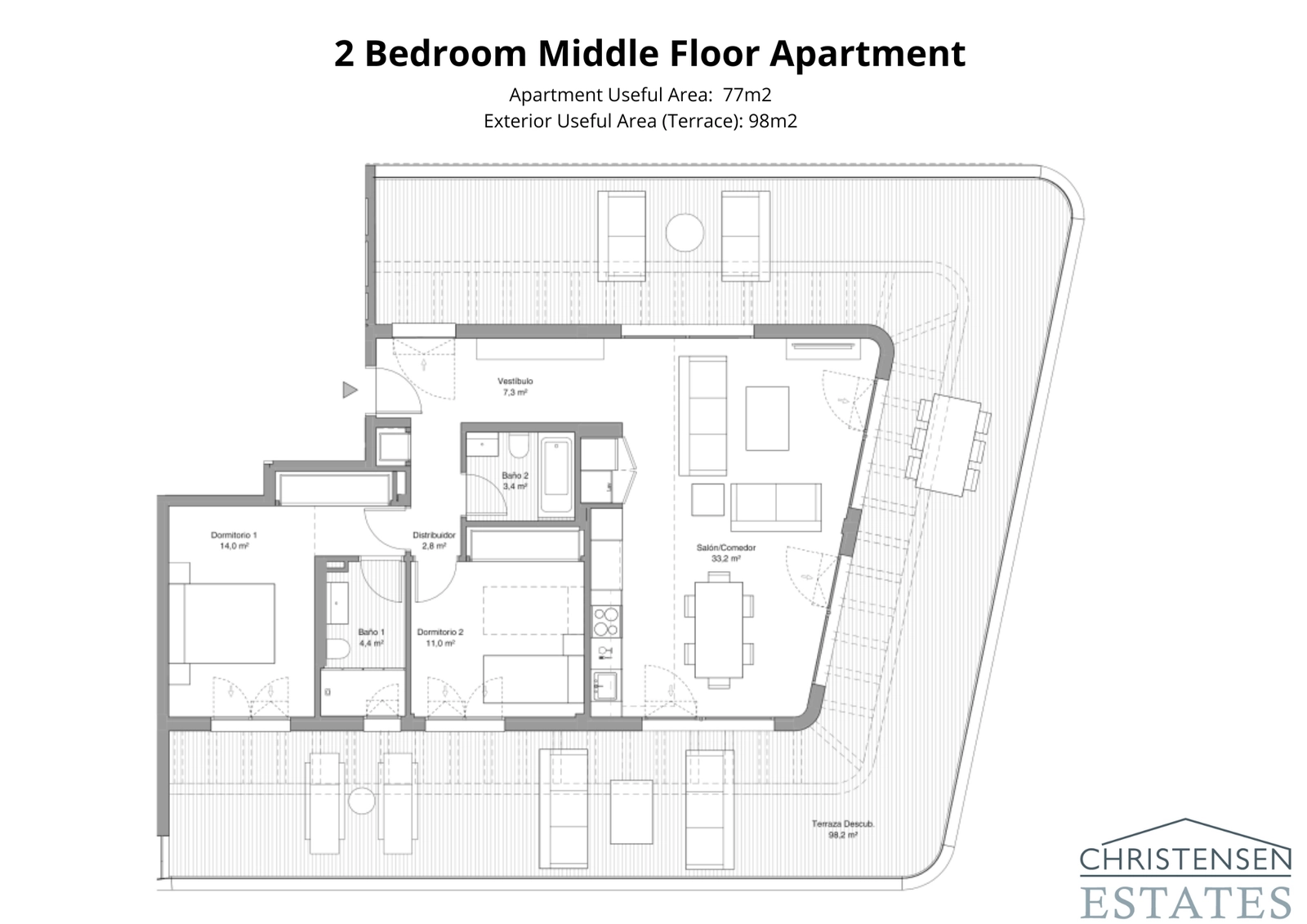En veldesignet leilighetsløsning med to soverom og en stor, omsluttende terrasse som gir god plass til soling og bespisning.