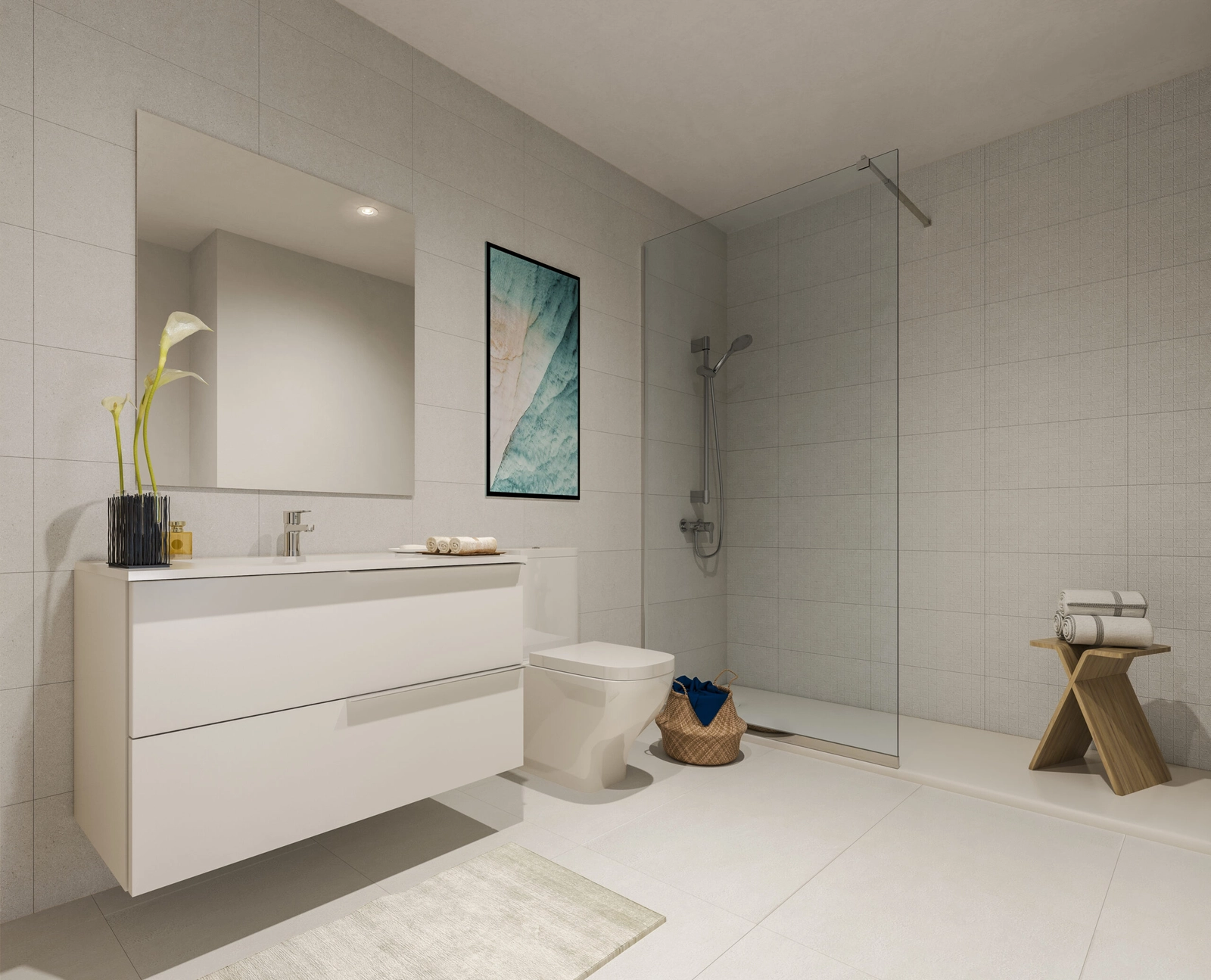 Moderne bad designet med rene linjer og materialer av høy kvalitet for en spa-lignende opplevelse.