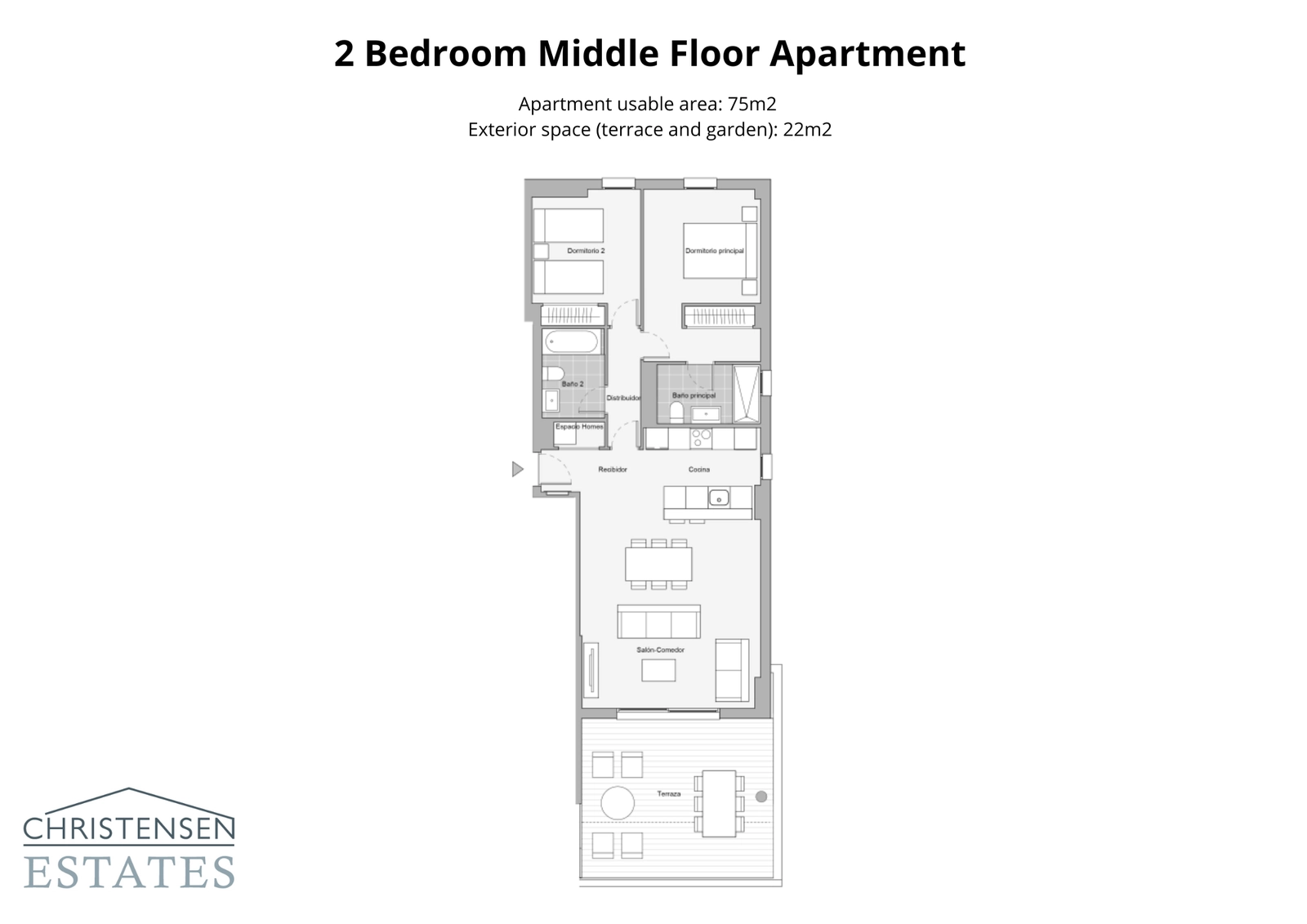 En velutformet leilighet med to soverom, som tilbyr en komfortabel boareal med to bad og en stor terrasse for avslapning.