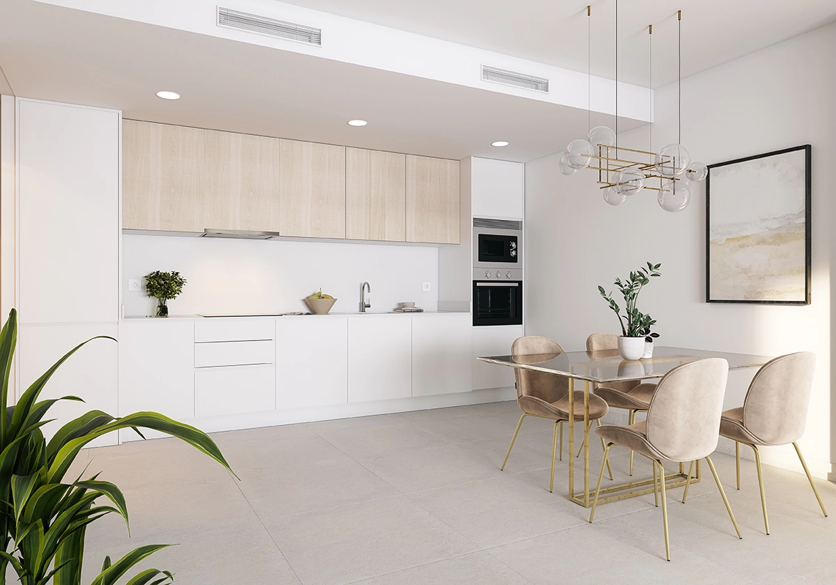 Det moderne kjøkkenet er designet med stil og funksjon, og har hvitevarer av høy kvalitet.