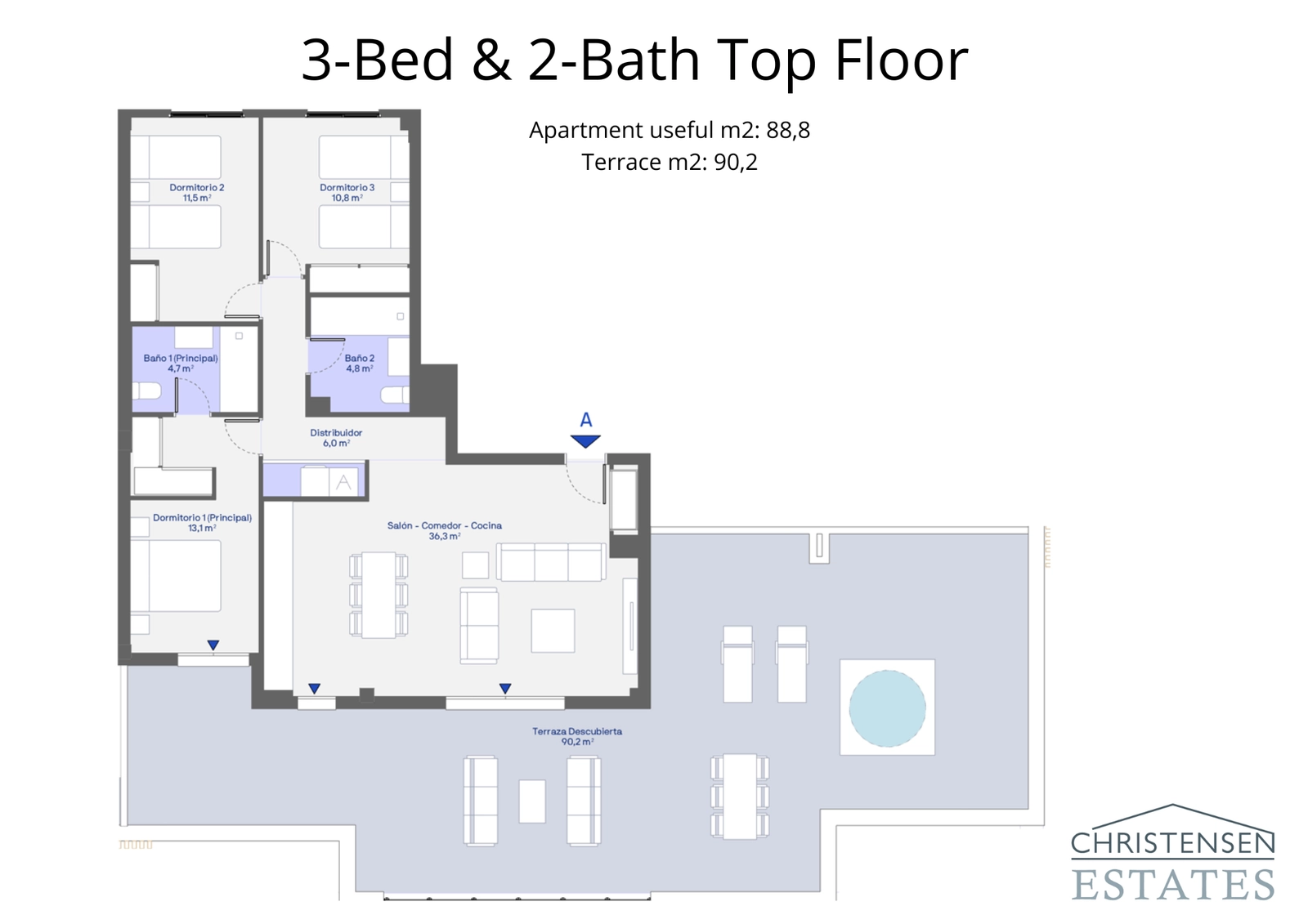 Denne leiligheten med tre soverom i toppetasjen presenterer et imponerende åpent boareal og en stor takterrasse rundt hele.